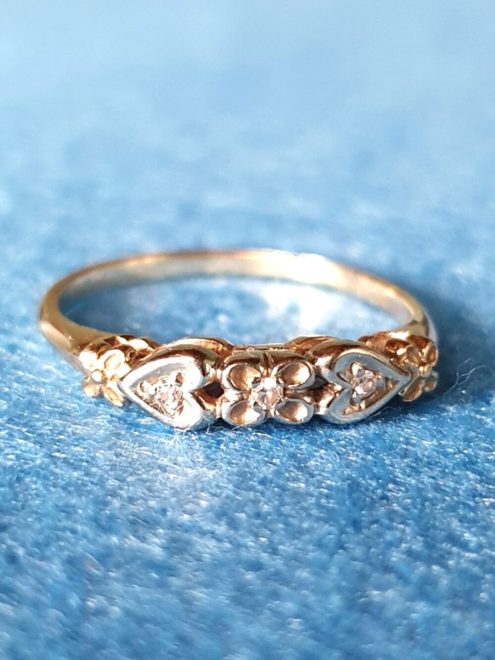 Vintage 14k Gold and Diamond Flower and Heart Motif Ring - Two-Tone